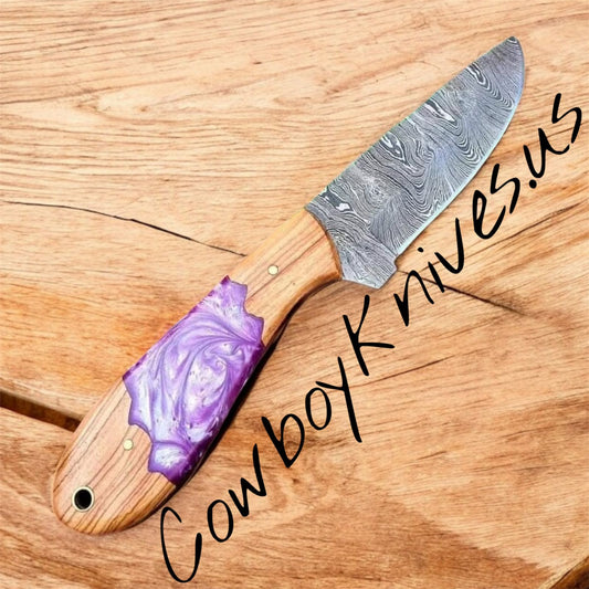 3" Blade Western Knife Sheath with Damascus Steel & Hybrid Wood Resin Handle