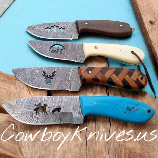 3" Blade Ranch Cowboy Knives and Sheaths – Damascus Steel, Resin & Exotic Wood Handles