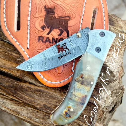 3" Blade Damascus Pocket Knife with Ram Horn & Steel Bolster Handle