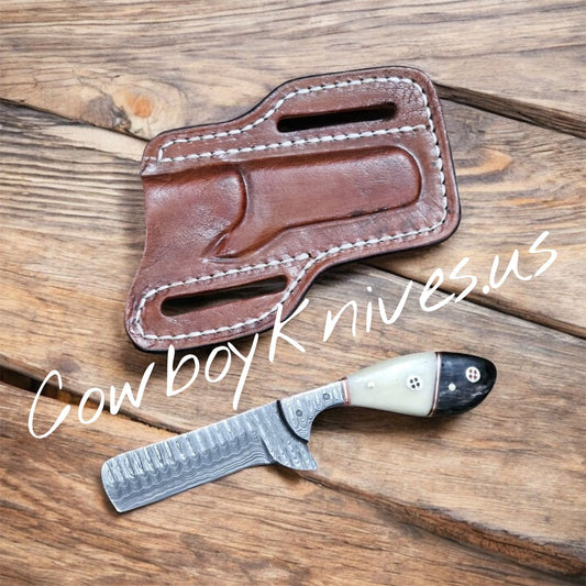4" Blade Bull Cutter Knife with Bone & Horn Handle, Damascus Bolster