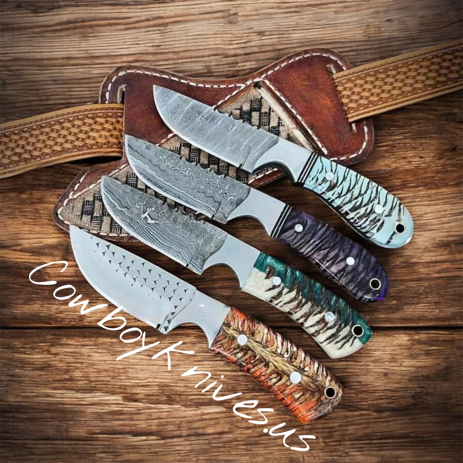3" Blade Ranch Cowboy Knives and Sheaths – Damascus & Rasp Steel with Pinecone Resin Handle