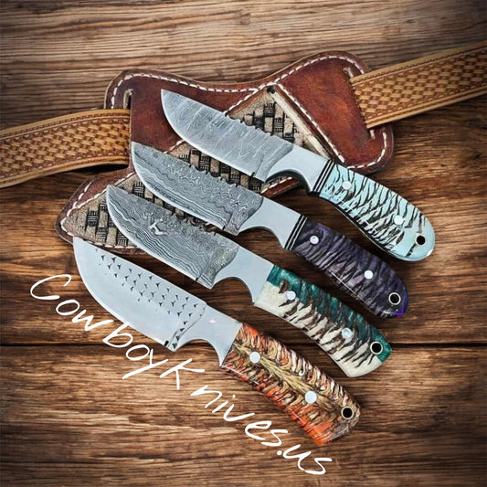 3" Blade Ranch Cowboy Knives and Sheaths – Damascus & Rasp Steel with Pinecone Resin Handle