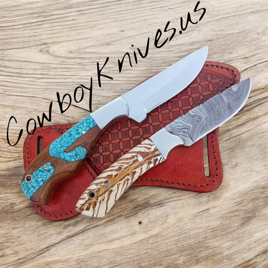 Custom Sheath Knives – Damascus & J2 Steel Blades with Turquoise, Wood & Pinecone Resin Handles