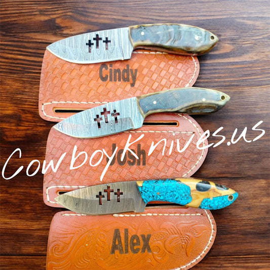 3.5" Blade Cowboy Knives with Ram Horn & Wood Turquoise Handles