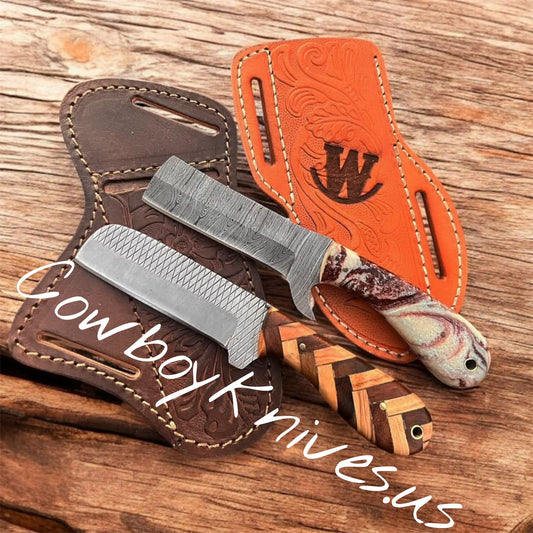 4" Blade Bull Cutter Knives – Damascus & Rasp Steel with Resin & Exotic Wood Handles