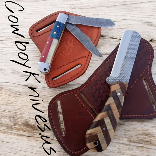 Belt Sheath Knives – Damascus & Rasp Steel Blades, Exotic Wood & Texas Flag Handles
