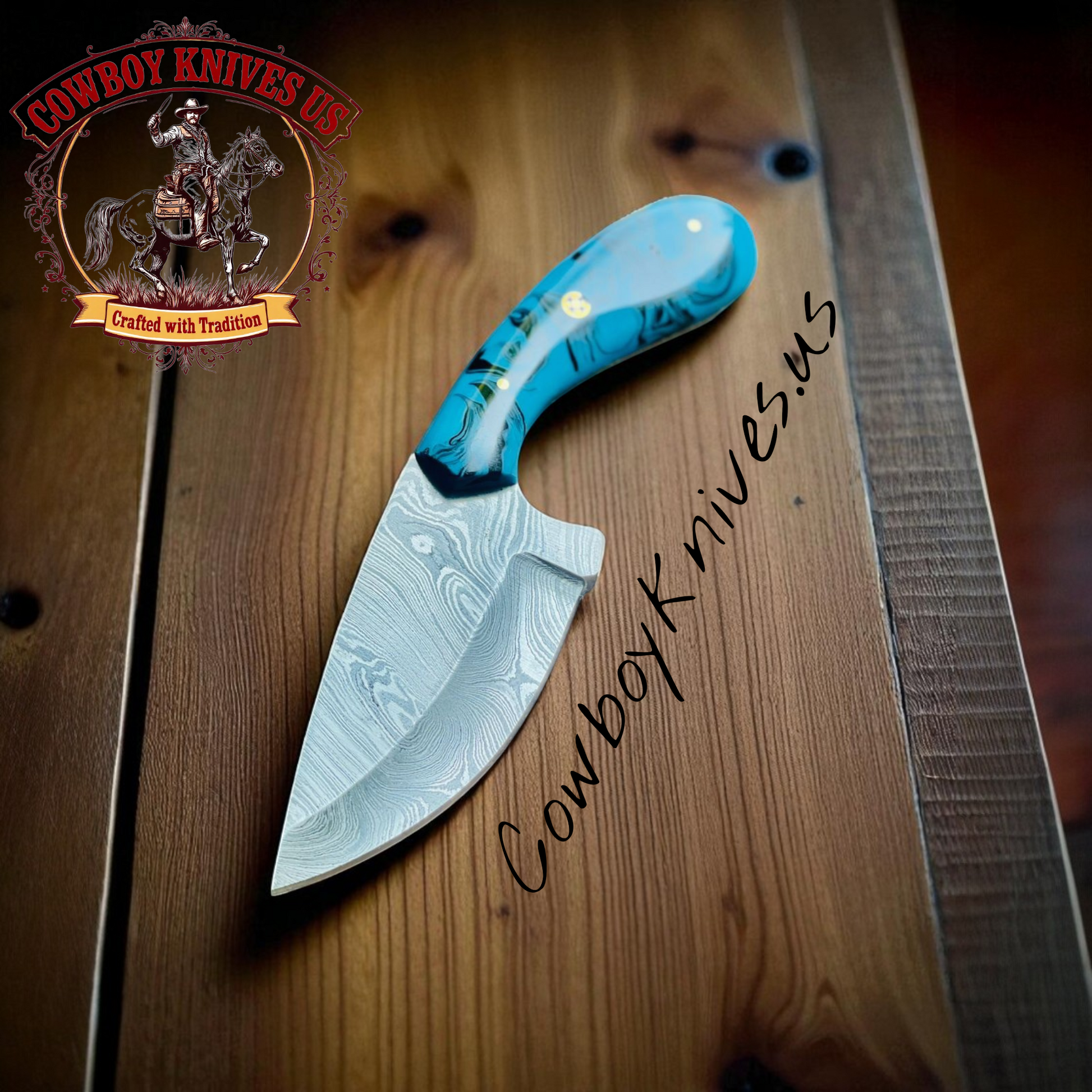 3" Blade Cowboy Knife Sheath – Damascus Steel & Epoxy Resin Handle