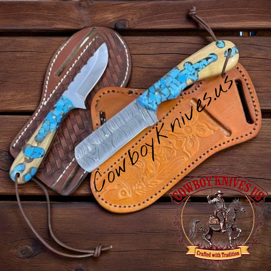 3" Blade Ranch Cowboy Knives and Sheaths – Damascus & J2 Steel with Turquoise Resin Handle