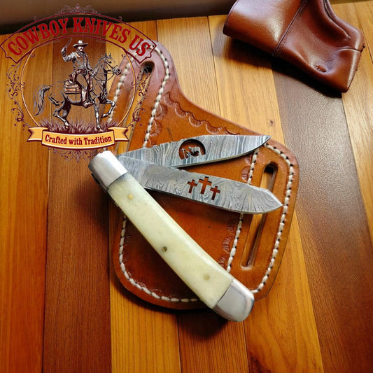 3" Blade Trapper Knife with Bone Handle & Steel Bolsters – Damascus Steel