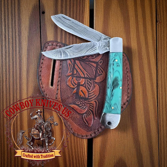 3" Blade Western Pocket Knife – Damascus Steel Trapper with Resin Handle