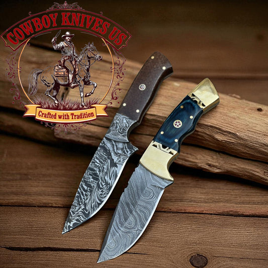 4" Blade Cowboy Knives with Damascus Steel & Micarta Exotic Wood Handles