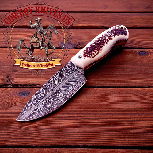 4.5" Blade Cowboy Knife with Antler Horn Handle & Leather Sheath
