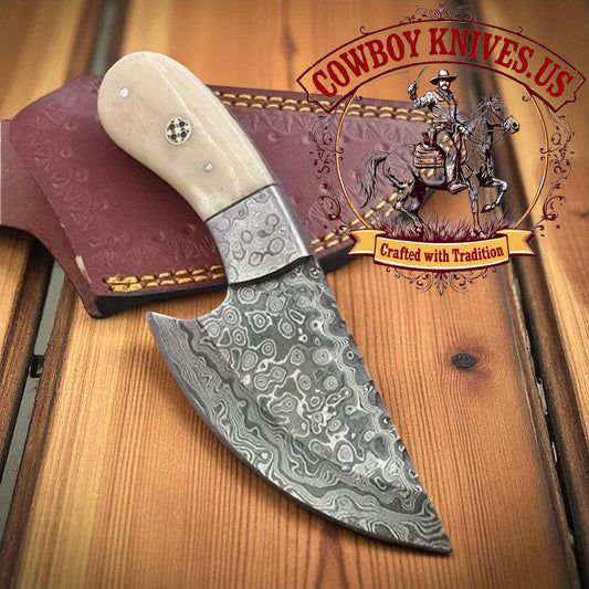 3" Blade Cowboy Sheath Knife with Bone Handle & Damascus Bolster