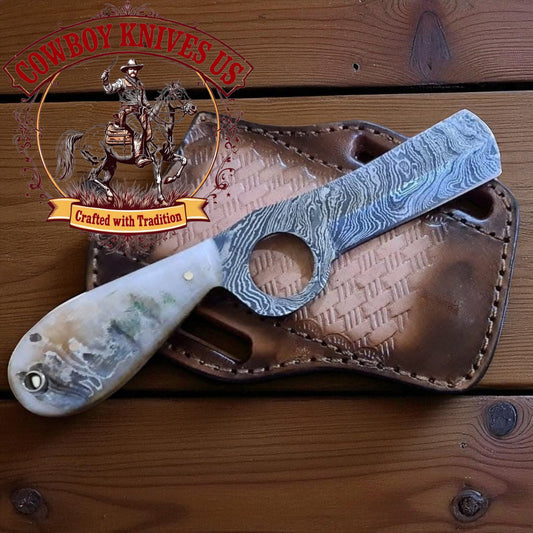 5" Blade Bull Cutter Knife with Finger Hole Damascus Blade & Ram Horn Handle