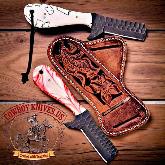 3.5" Blade Ranch Knives with Damascus & Rasp Steel Blades, Epoxy Resin Handles