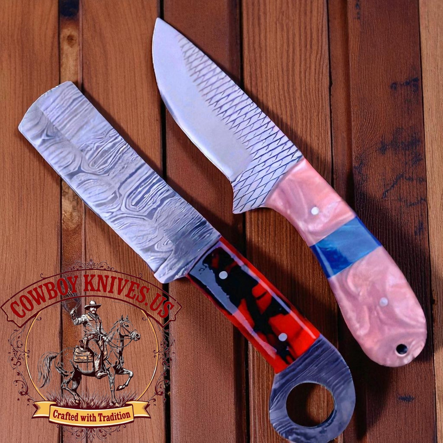 3.5" Blade Ranch Knives with Damascus & Rasp Steel Blades, Epoxy Resin Handles