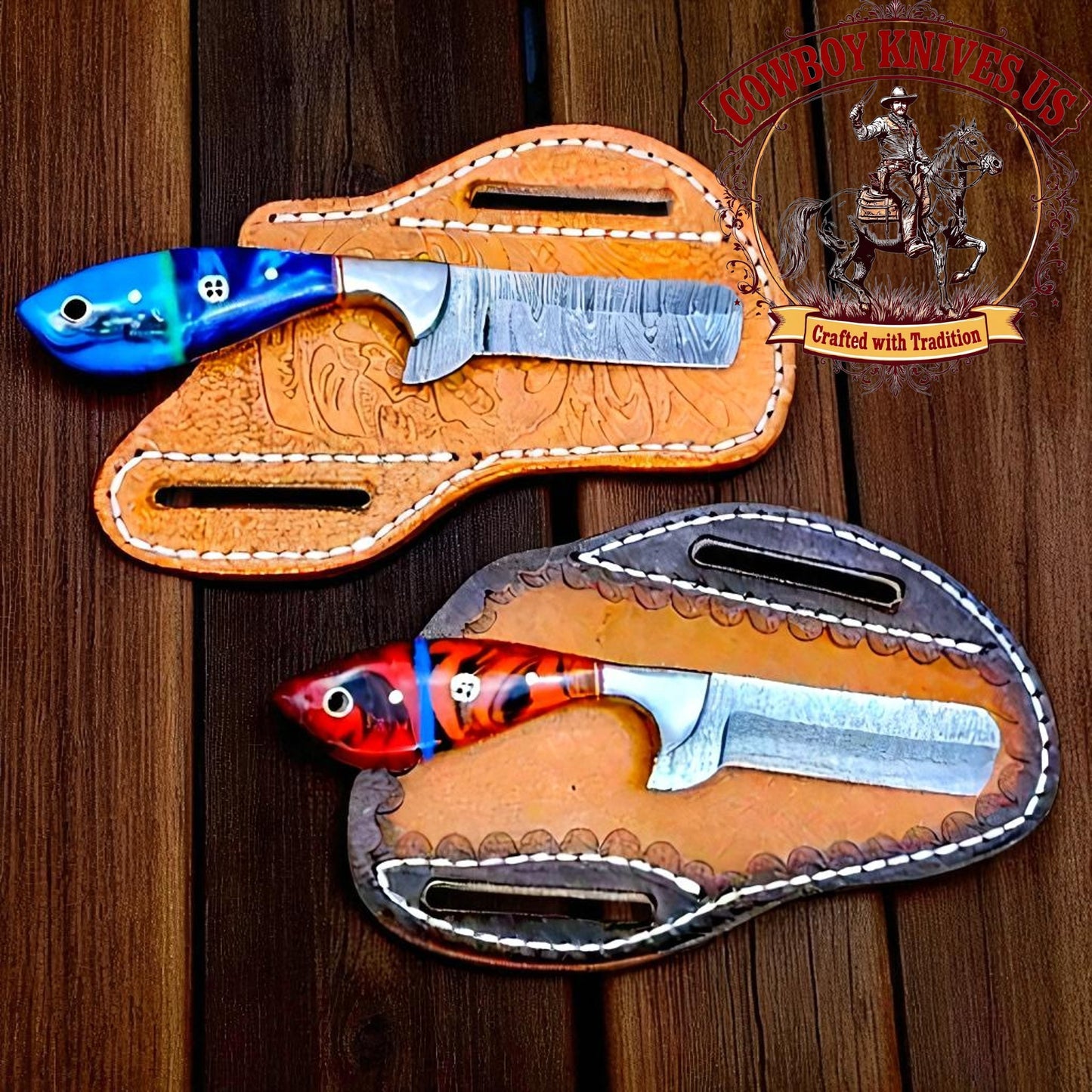 3.5" Blade Western Knife Sheaths with Damascus Blade & Epoxy Resin Handle