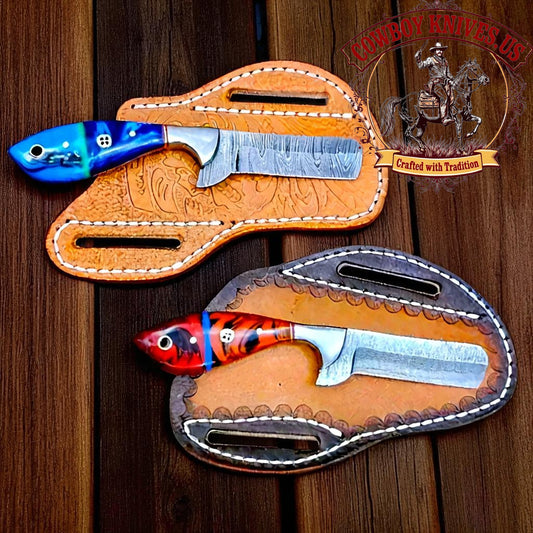 3.5" Blade Western Knife Sheaths with Damascus Blade & Epoxy Resin Handle