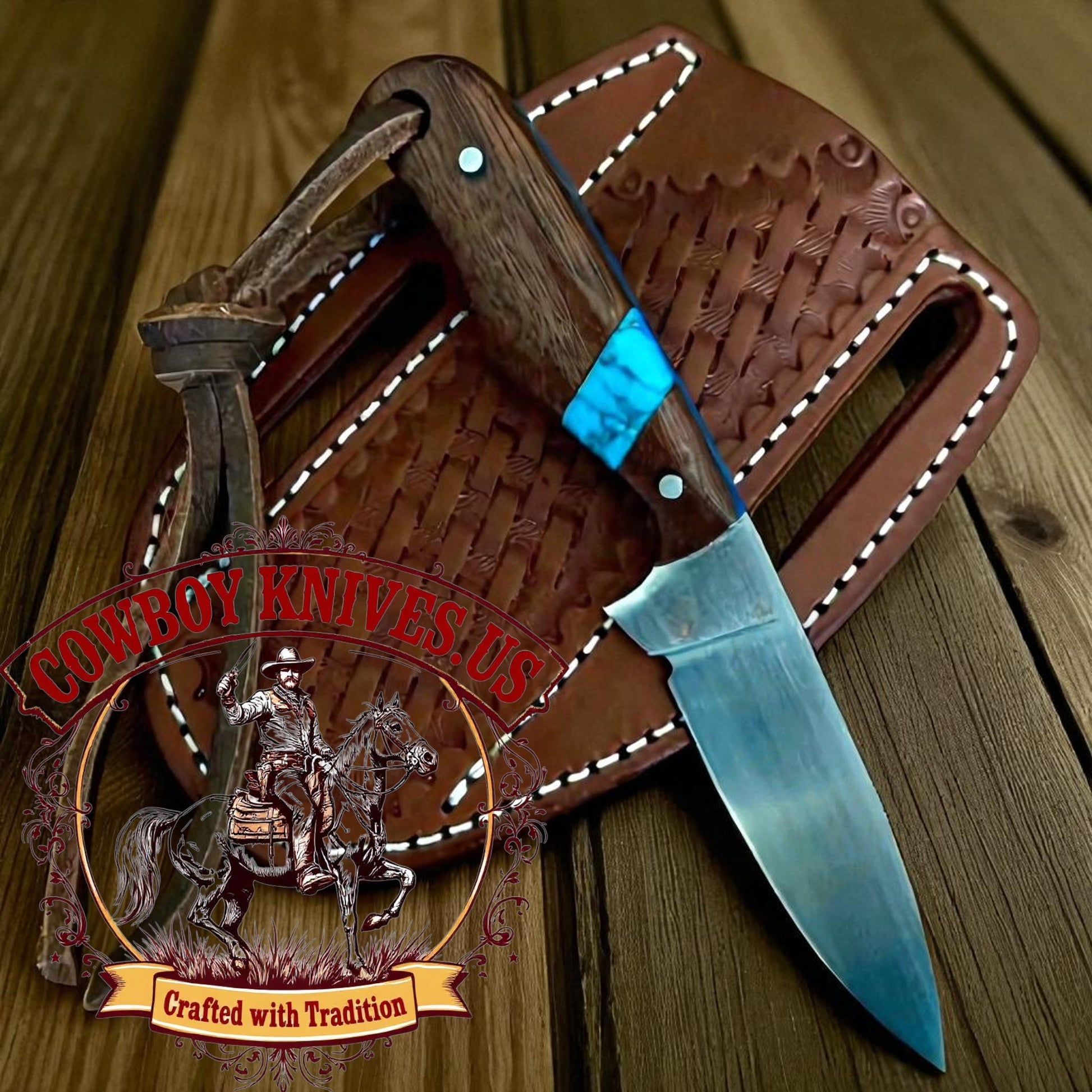 3.5" Blade Knife Sheath Western with Wenge Wood Handle & Turquoise Spacer