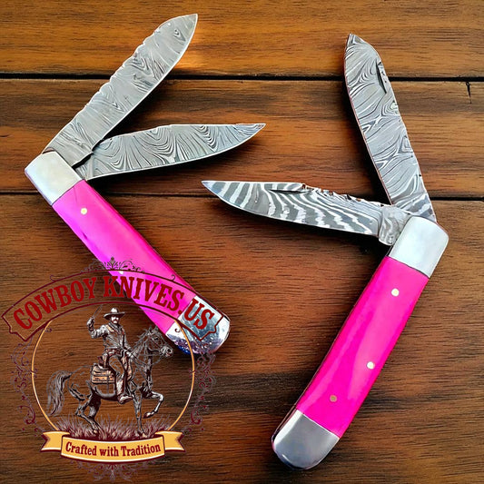 3" Blade Cowboy Pocket Knives with Damascus Steel & Epoxy Resin Handles