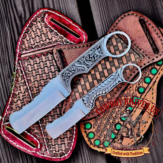 Custom Fixed Blade Knives – D2 Steel, Brass Engraved Finger Hole Handles (9"/4.5" & 7"/3")