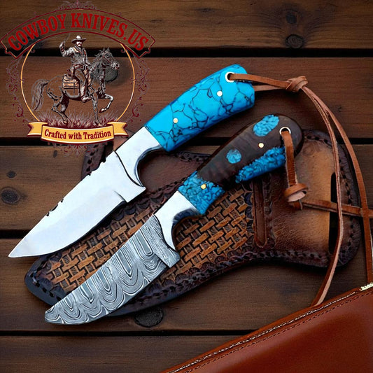 4" Blade Belt Knives and Sheaths with Turquoise & Wood Resin Handles