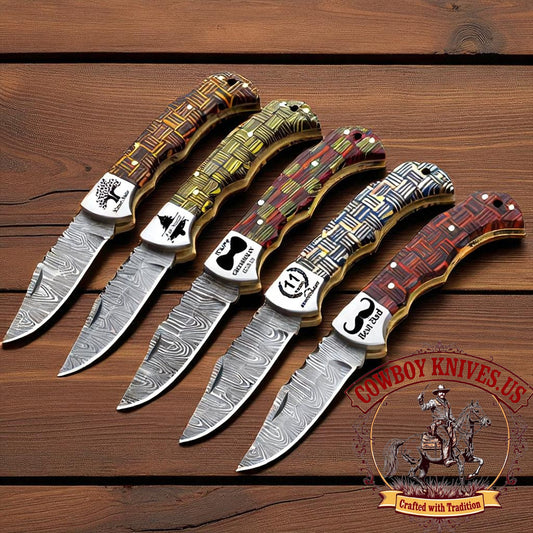 3" Blade Damascus Pocket Knives with Pakkawood Handle & Steel Bolster