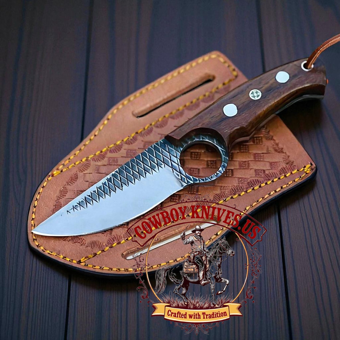 4" Blade Old West Knife with Finger Hole Rasp File Steel & Rosewood Handle