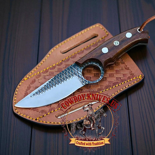 4" Blade Old West Knife with Finger Hole Rasp File Steel & Rosewood Handle