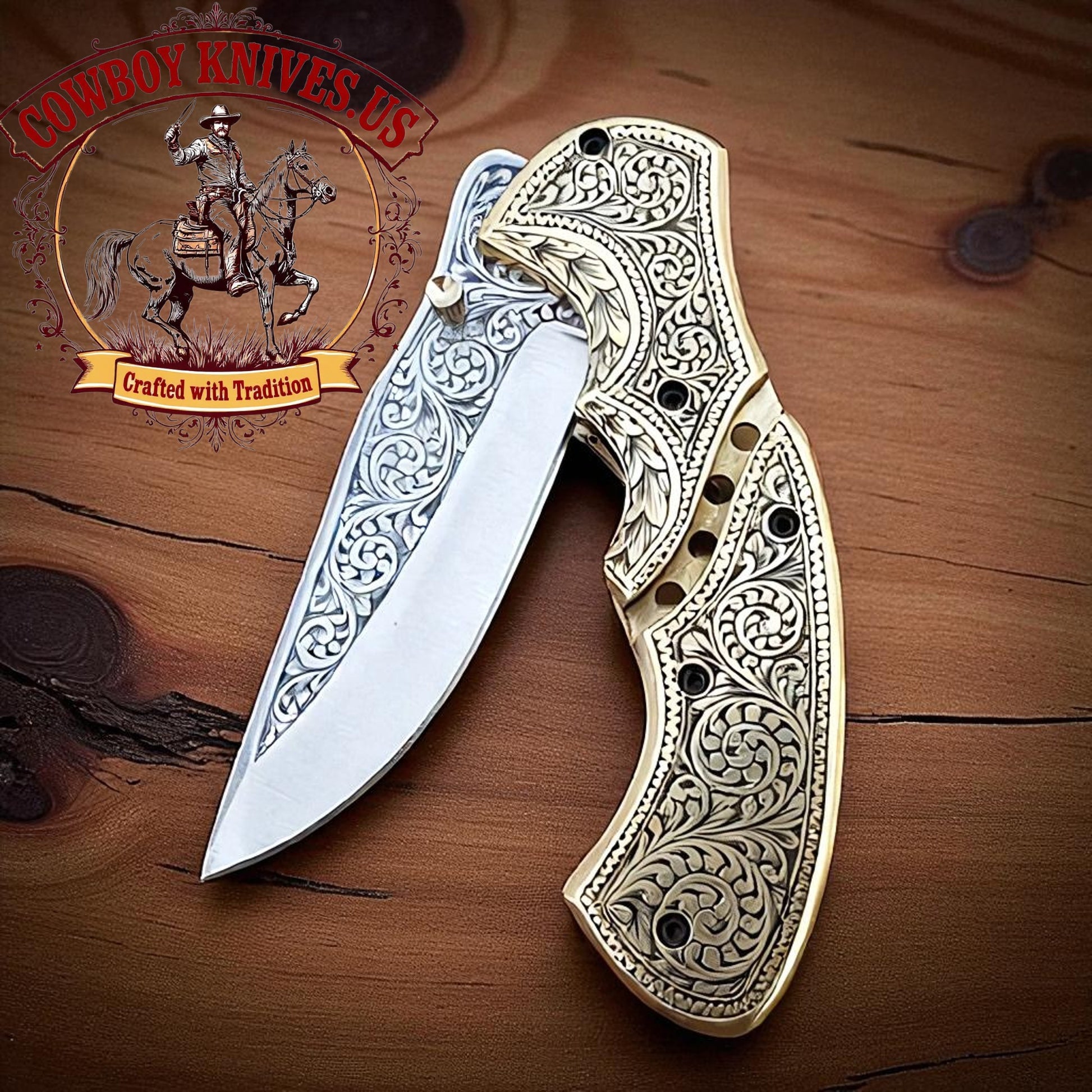 3" Blade Cowboy Folding Knife with Engraved D2 Steel & Brass Handle