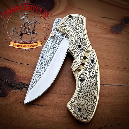 3" Blade Cowboy Folding Knife with Engraved D2 Steel & Brass Handle