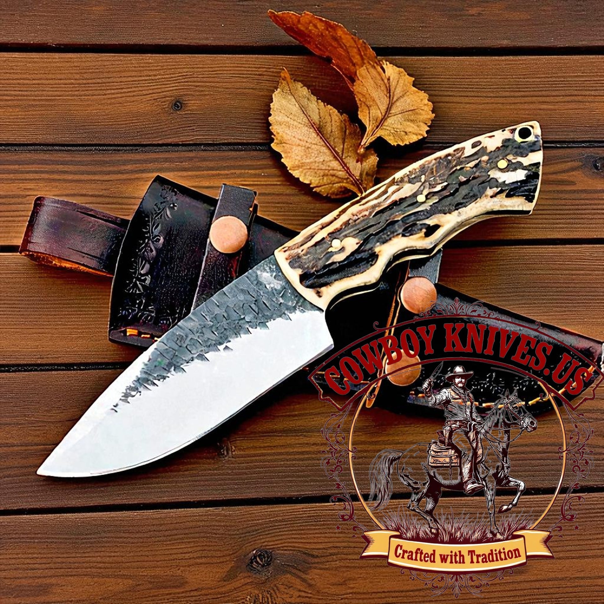 5" Blade Horizontal Belt Knife with Deer Antler Handle