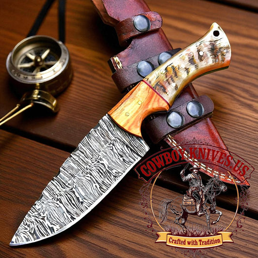 4" Blade Belt Knife Horizontal with Sheep Horn & Wood Bolster Handle