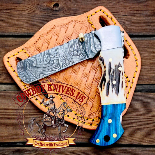 3" Blade Folding Bull Cutter Knife with Antler Horn & Exotic Wood Handle