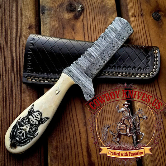 4" Blade Bull Cutter with Damascus Steel Blade & Bone Handle