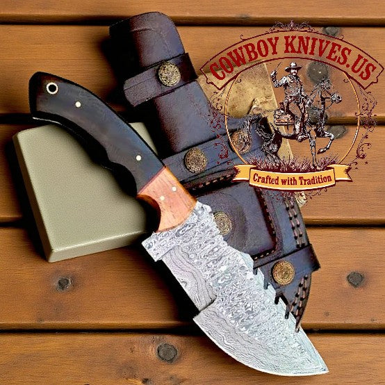 5.5" Blade Tracker Knife with Sheath – Damascus Steel & Rosewood Handle