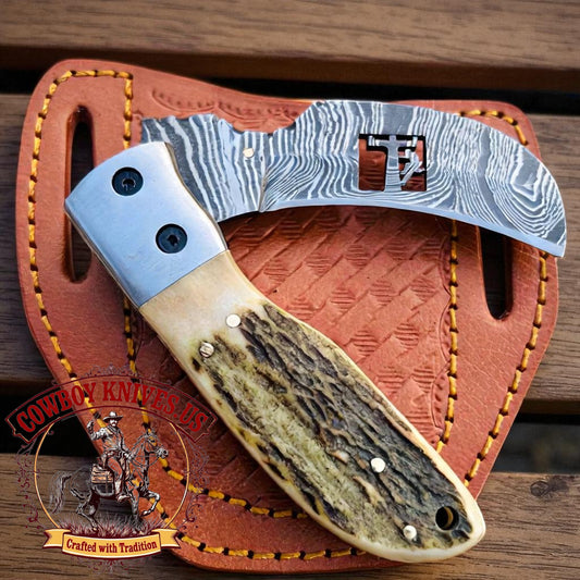 3.25" Blade Lineman Folding Hawkbill Knife with Antler & Steel Bolster Handle