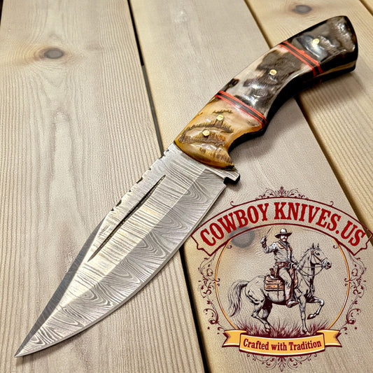 5" Blade Damascus Knife with Sheep Horn Handle