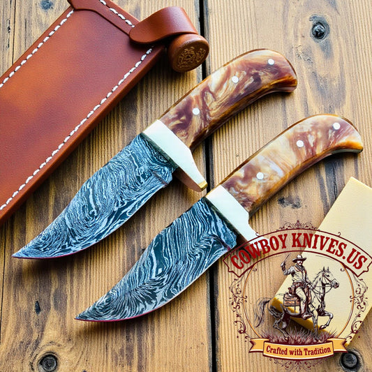 4" Blade Damascus Knives with Epoxy Resin Handle & Brass Guard