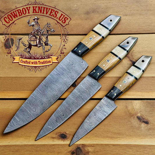 Damascus Steel Knife Set – 12", 10" & 8" Blades with Wood & Bone Handles