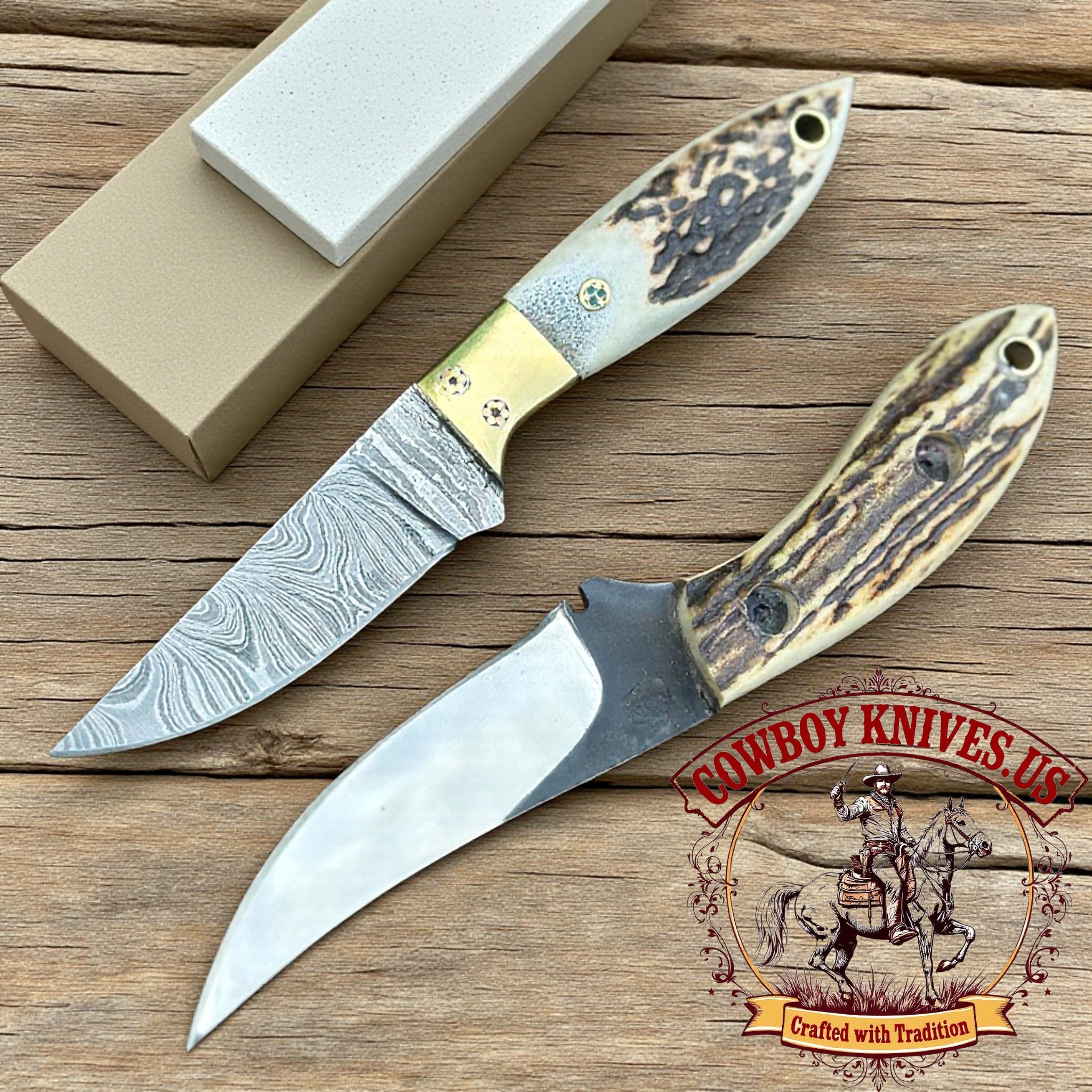 Buck Knives – Damascus & J2 Steel Blades, Antler Handles – Authentic ...