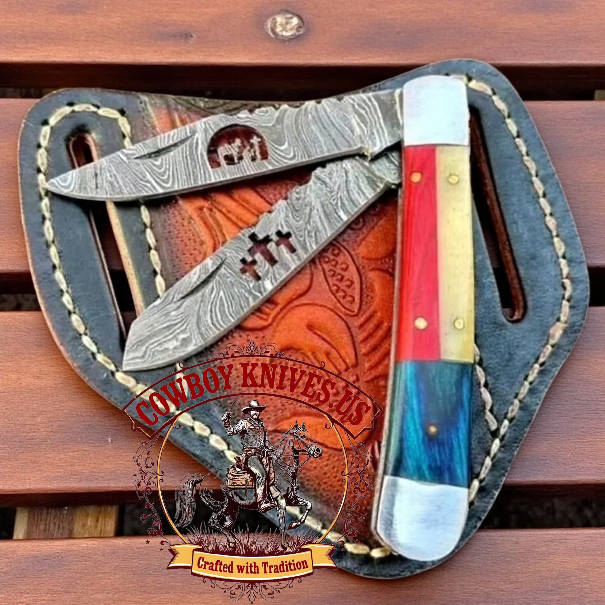 3" Blade Cowboy Trapper Knife with Wood & Bone Texas Flag Handle