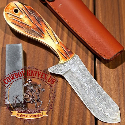 4" Blade Damascus Cowboy Knife with Bone Handle