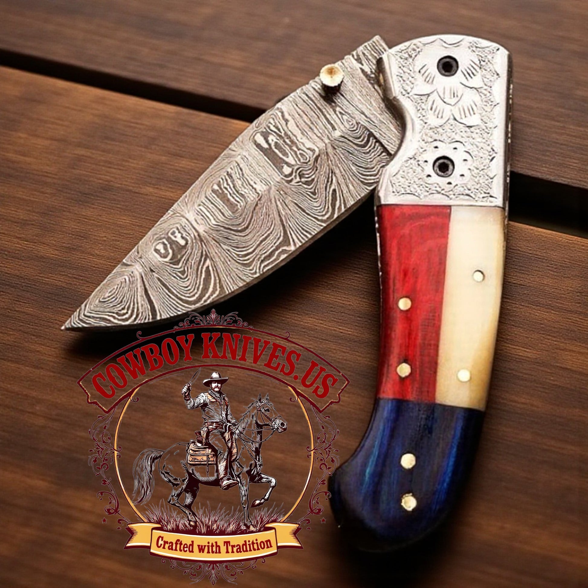 3" Blade Cowboy Pocket Knife with Bone & Wood Texas Flag Handle