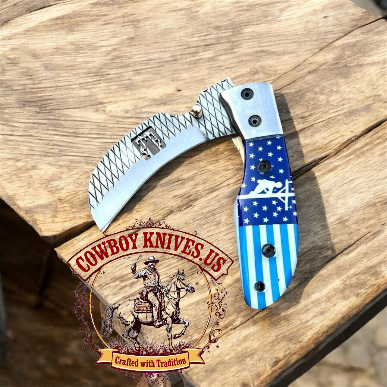 3" Blade Hawkbill Folding Knife with TX Lineman Flag Handle