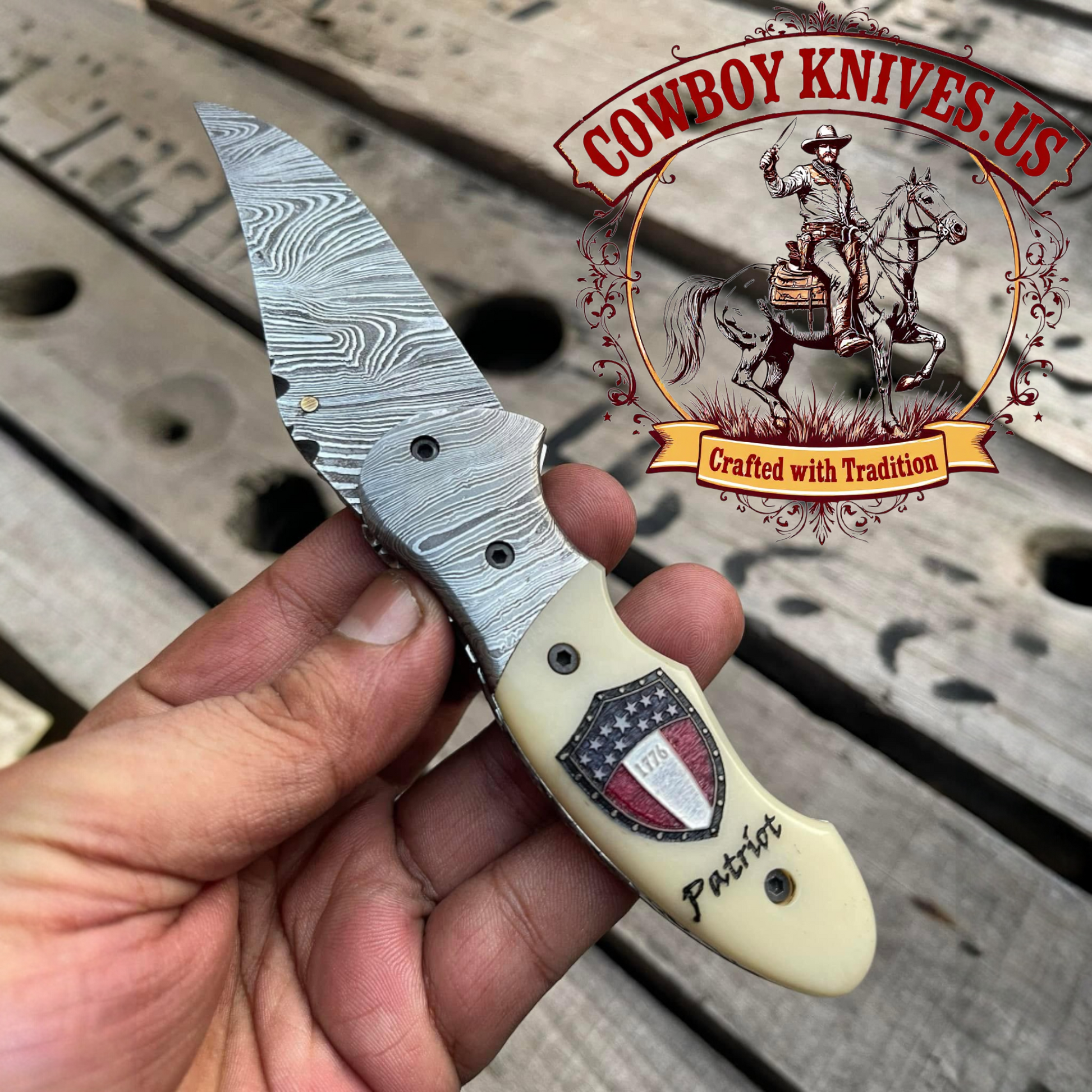 3" Blade Cowboy Folding Knife with Bone Handle & Damascus Bolster