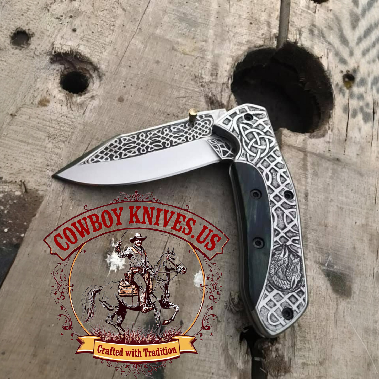 3" Blade Cowboy Folding Knife with Hand-Engraved D2 Steel & Wooden Handle