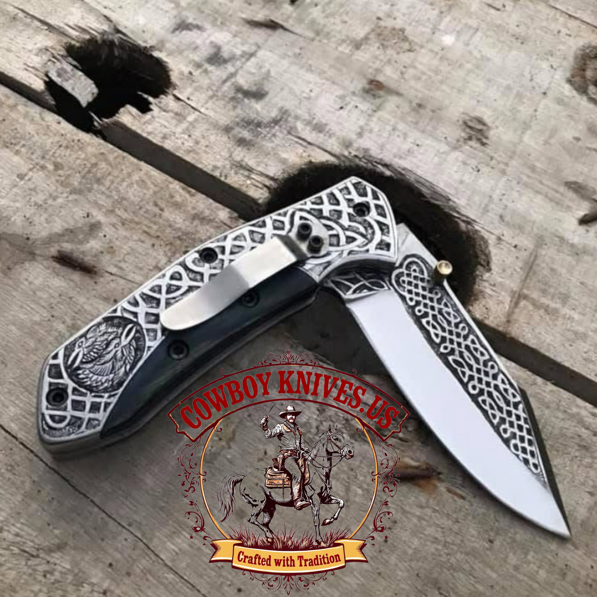 3" Blade Cowboy Folding Knife with Hand-Engraved D2 Steel & Wooden Handle