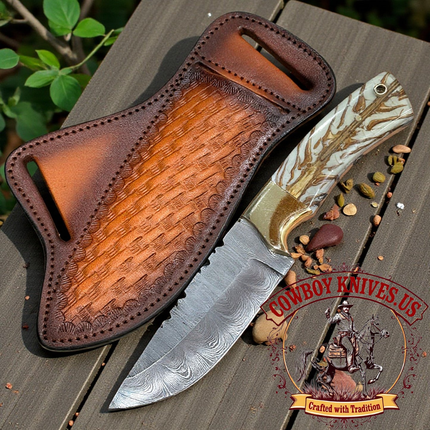 4.5" Blade Custom Cowboy Knife with Pinecone Resin & Brass Bolster Handle