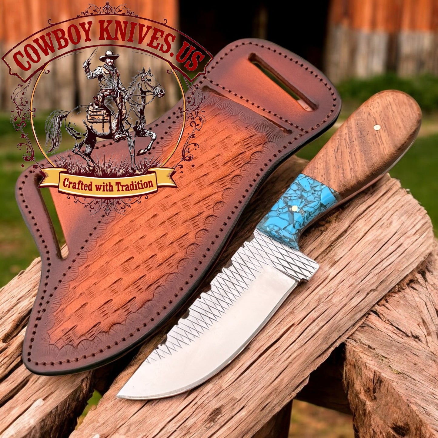 4" Blade Cowboy Knife with Rosewood & Turquoise Bolster Handle